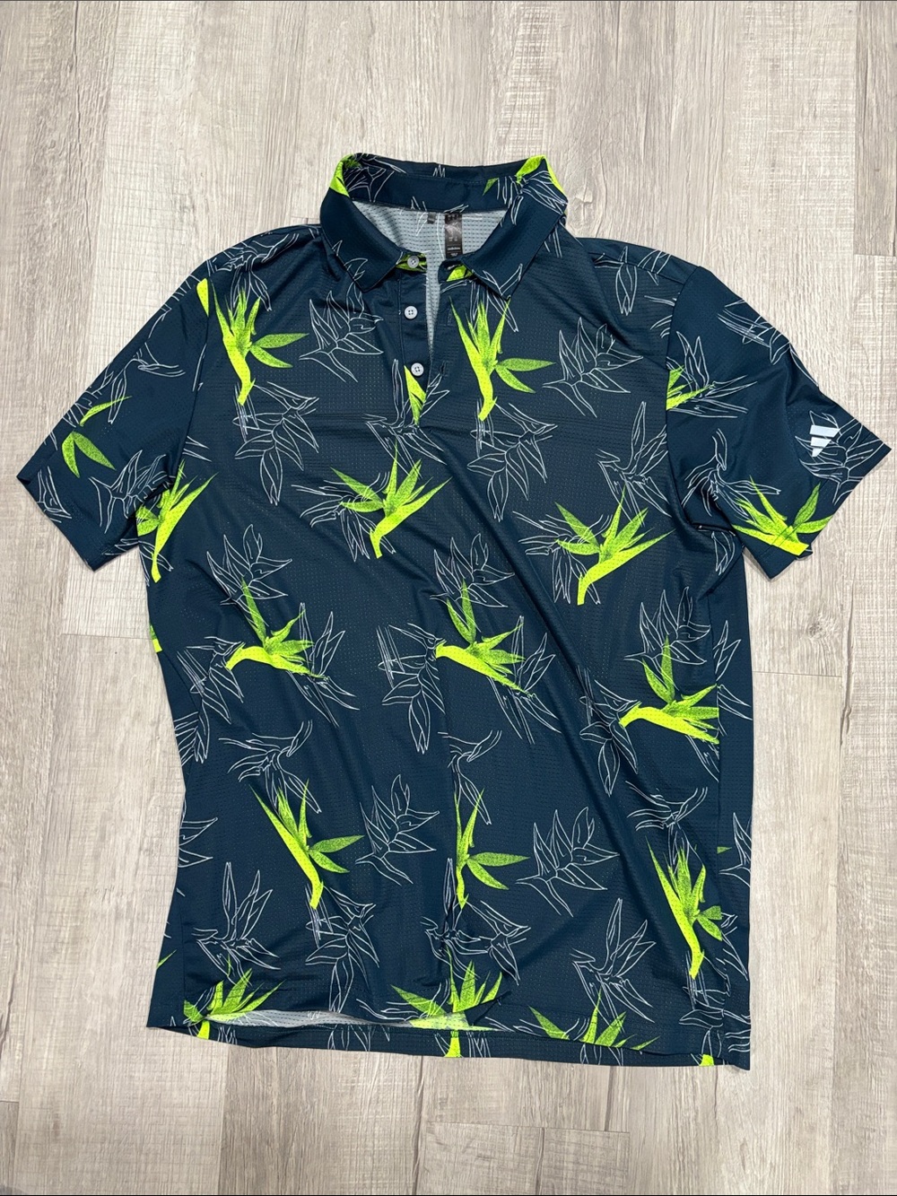 Men's adidas Navy Polo Shirt with Lime Green Tropical Print
